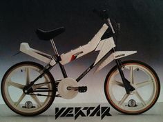 an advertisement for a bicycle that is white and has black spokes on the front