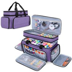 two purple bags with various items in them and one is filled with pens, pencils, markers and scissors