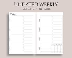 the undated weekly planner is shown in black and white, with text underneath it