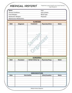 the medical history is shown in this printable form