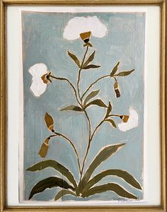 a painting with white flowers and green leaves on a light blue background, in the process of being painted