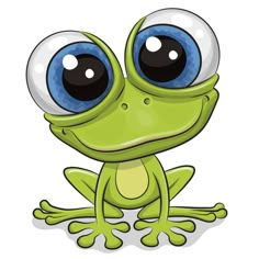 a green frog with big blue eyes sitting on the ground and looking at the camera