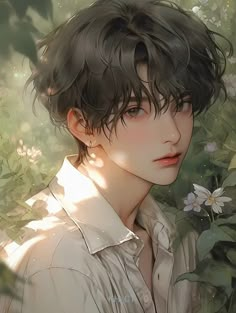 an anime boy with black hair and white shirt standing in front of some flowers, looking at the camera