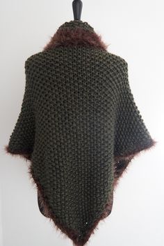 "Cozy up in this earth color shawl while watching your favorite TV series or reading Diana Gabaldon's book. I made this shawl from soft wool/acrylic yarn. It is embellished with faux fur trim and cords that can be tied. AVAILABLE: Size Large US Measurements: Tip to tip: approx.69\" (175cm) Top to bottom: approx.35\" (89cm) See more shawls here - https://www.etsy.com/shop/KnitsomeStudio/items?section_id=25373486 and here - https://www.etsy.com/shop/KnitsomeStudio?section_id=6598836 Don't forget t One Size Knit Shawl Knitting Pattern, Knit Shawl Wrap For Winter, Winter Knit Wraps One Size, Winter Shawl Knitting Pattern, Knitted One-size Shawl For Winter, Winter Shawl Knitting Pattern One Size, Winter Crochet Shawl Wrap, Crochet Shawl Wrap For Winter, Knitted One-size Winter Wrap