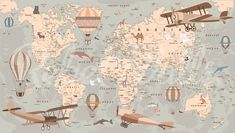 an illustrated map of the world with airplanes, hot air balloons and other things on it