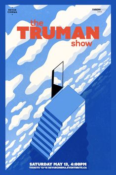 a poster for the truman show with stairs leading up to an open door in the water