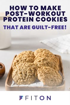 two oatmeal cookies sitting on top of a wooden tray with the words how to make post - workout protein cookies that are guilt - free