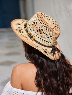 Elevate your vacation style with our Women's Western Cowboy Straw Hat. Made with high-quality straw, this hat is perfect for sunny days by the beach or exploring new cities. Its classic western design adds a touch of flair to any outfit. So stay stylish while protecting yourself from the sun's harmful rays. Color : Beige Details : Beaded Material : Paper Product Technique : Beaded, Hollow Out, Retro Size Crown Length Width one-size 58 45 18 Cowboy Straw Hat, Protecting Yourself, Western Design, By The Beach, Vacation Style, Beaded Material, On Vacation, Western Cowboy, Straw Hat