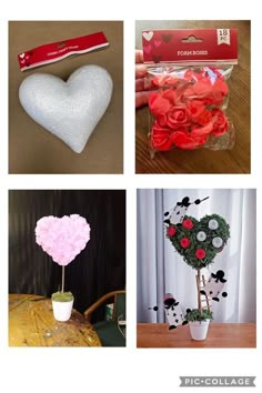 four different valentine's day crafts with flowers in vases and heart shaped decorations