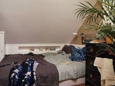 a bedroom with a bed, dresser and potted plant in the corner on the floor