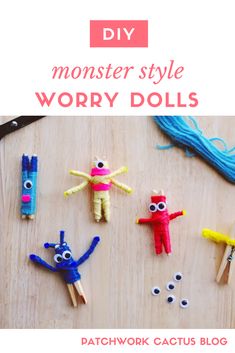 an image of some crafts made out of yarn and wood sticks with the words, diy monster style worry dolls