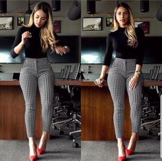 Khaki Pants Black Shirt Women, 30 To 40 Year Old Fashion, Siteseeing Outfits, Patterned Dress Pants Outfits, Women Turtle Neck Outfit, 2023 Tops Women, Turtle Neck Outfit Formal, Red Heel Work Outfit, Outfits With Blouses Classy