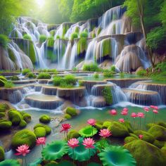 a beautiful waterfall with pink flowers in the foreground