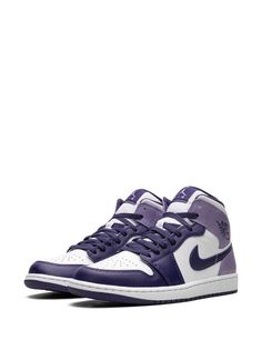 Jordan Air Jordan 1 Mid "Blueberry" Sneakers - Farfetch Jordan Wings, Sneakers Purple, Jordan Air, Wings Logo, Round Logo, Swoosh Logo, Iconic Bags, Air Jordan 1 Mid, Boot Bag