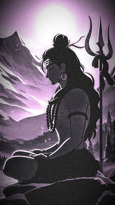 a drawing of a woman sitting on the ground in front of mountains with a sception