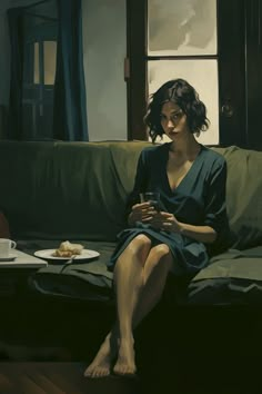 a painting of a woman sitting on a couch looking at her cell phone and eating