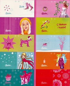 an advertisement for barbie's christmas cards with pictures of the characters and their names