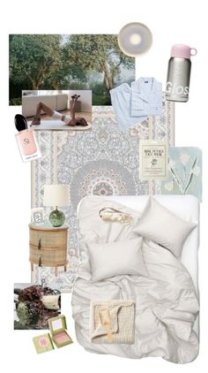 a collage with white sheets, pillows and pictures