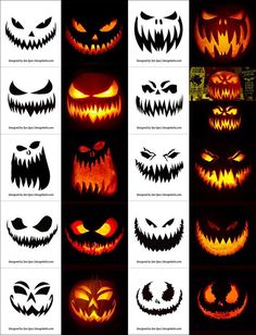 halloween pumpkins with scary faces and eyes in different styles, all on black background