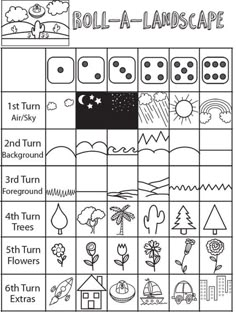 the roll - a - landscape game is shown in black and white, with lots of different