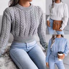 One Size Which Means That It Fits S M L Color Gray, Loose Fit Crop Pullover, Solid Color Sweater, Cropped Pullover, Pullover Outfit, Long Sleeve Pullover Sweater, Knitted Pullover Sweaters, Casual Pullover, Sweater And Shorts, Long Sweaters