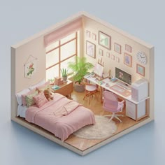 a dollhouse bedroom with a bed, desk and computer on the table in it