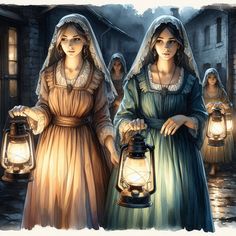 two women in dresses are holding lantern lights