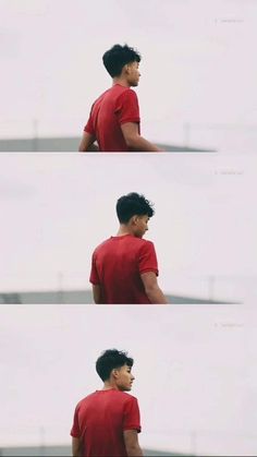 three different shots of a man in a red shirt looking at the sky with his eyes closed