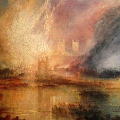 an oil painting of a castle on fire