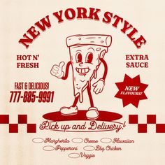 an advertisement for new york style pizza with a cartoon character on the front and back