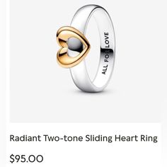 Brand New! Sliding Hearts Ring 925 Silver Inscribed With All For Love Size 6 All For Love, Pandora Gold, 6 Rings, Ring Color, Pandora Jewelry, Womens Jewelry Rings, For Love, Heart Ring, Silver Gold