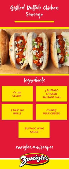 the menu for grilled buffalo chicken sandwiches is shown in red, yellow and white