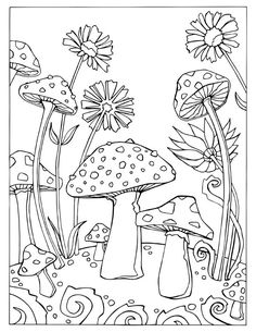 a coloring page with mushrooms and flowers