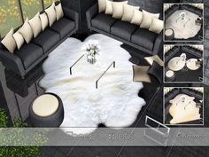 an aerial view of a living room with black couches and white fur rugs