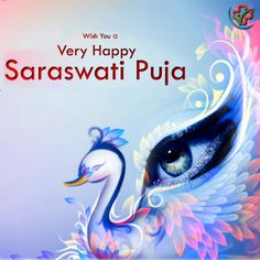 an artistic image of a peacock with the words very happy saraswati puja