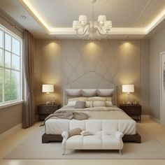 a large bed sitting under a chandelier in a bedroom next to a window