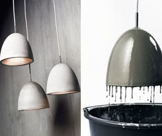 three different types of lights hanging from the ceiling and on the wall, one in black and white