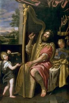 a painting of jesus playing the harp with two children