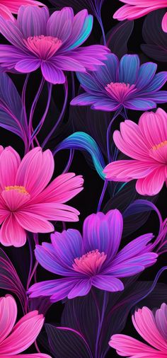 pink and purple flowers with green leaves on a black background, seamless wallpaper