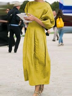 UOOZEE Pleated Party Dress, Midi Dress Fall, Long Linen Dress, Yellow Midi Dress, Cotton Linen Dresses, Linen Midi Dress, Mode Casual, Half Sleeve Dresses, Maxi Robes