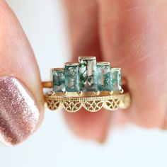 Baguette Engagement Ring, Agate Engagement Ring, Moss Agate Ring, Jade Ring, Nature Inspired Jewelry, Deco Jewelry, Agate Ring, Art Deco Ring, Art Deco Jewelry