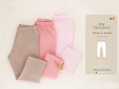 three pairs of leggings are shown in pink, beige and grey colors on a white background