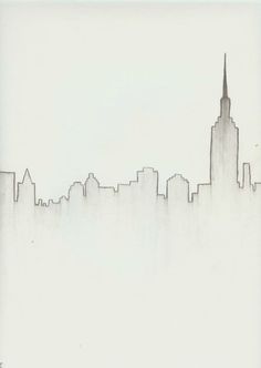 a black and white drawing of a city skyline