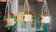 crocheted hanging planters with flowers and leaves