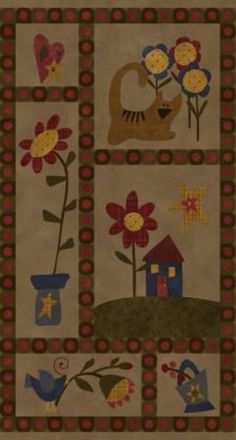 a quilted wall hanging with flowers and birds on it's sides, including a house in the background