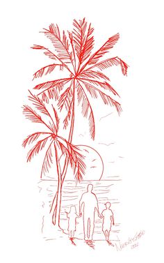 a drawing of two people walking on the beach with a palm tree in the background