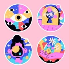 four circular stickers with different designs on them, each featuring an image of a woman's face