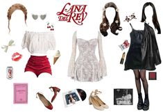 an assortment of clothing and accessories including shoes, lipstick, hair, and other items