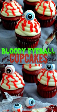 cupcakes with white frosting and red sprinkles are decorated like evil eyeballs