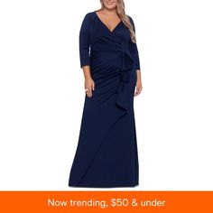 a woman in a blue dress with the words now trending, $ 50 & under